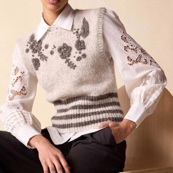 St. Roche Juniper Sweater Vest Heather Gray Size XS Floral Hand Embroidery Soft - Picture 4 of 16